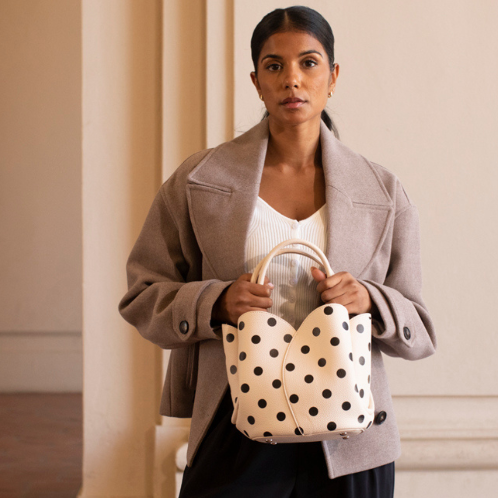 Melie Bianco Tulip Cream Recycled Vegan Polka Dot Top Handle Bag