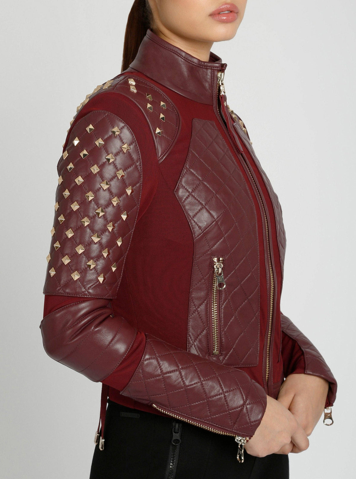 Blanc Noir Pyramid Stud Mesh Genuine Leather Moto Jacket