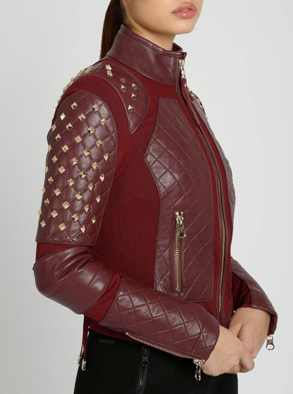Blanc Noir Pyramid Stud Mesh Genuine Leather Moto Jacket