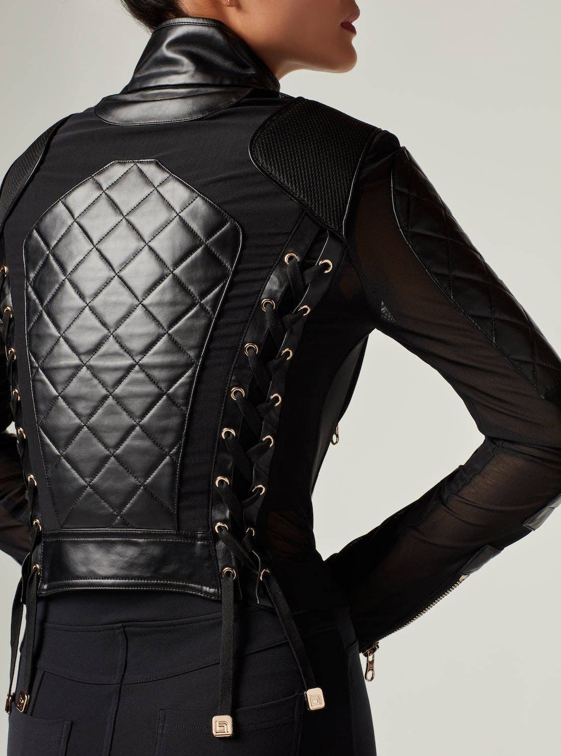 Blanc Noir Mesh Moto Jacket with Black Leather & Gold Trims - Gold Collection with Lace Up Back