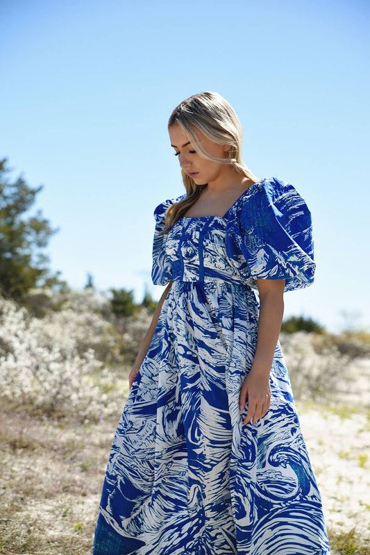 Jessie Zhao Blue Printmaking Square-Neck Cotton Midi Dress