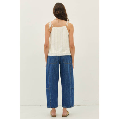 MID RISE BARREL LEG ANKLE DENIM PANTS WITH POCKETS