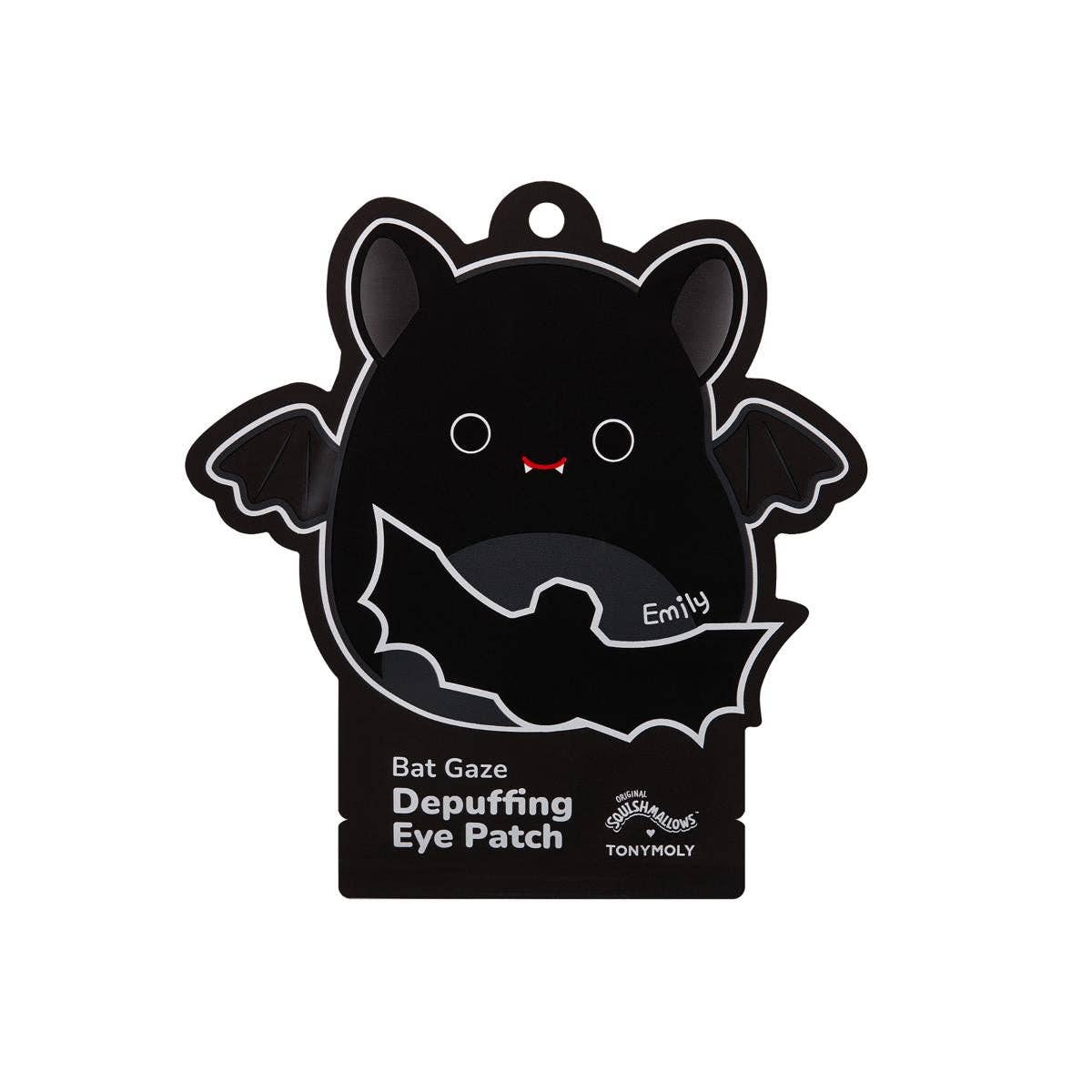 Bat-shaped eye patch with 'Emily' branding on a white background