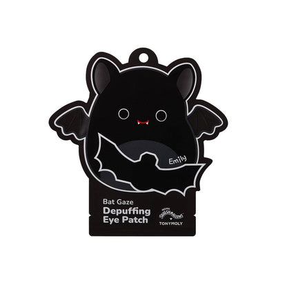 Bat-shaped eye patch with 'Emily' branding on a white background