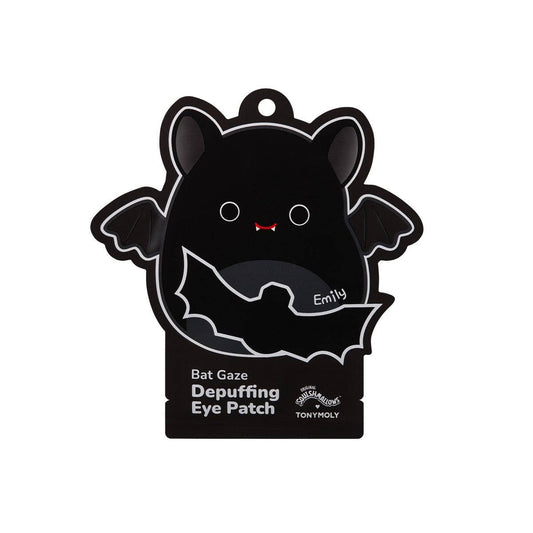 Bat-shaped eye patch with 'Emily' branding on a white background