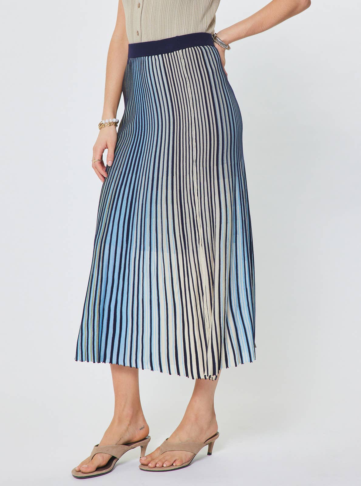 Current Air Striped Dolan Sleeve Sweater and Midi Skirt Set