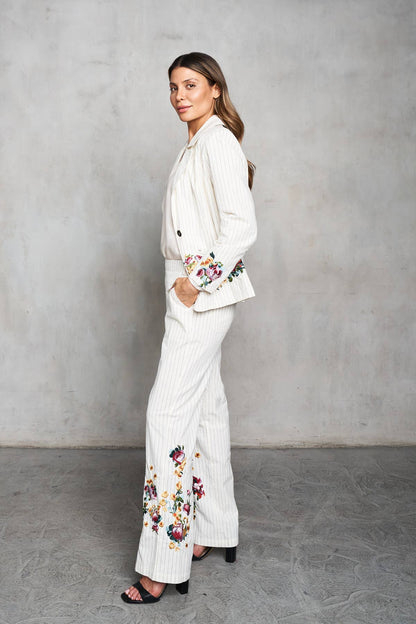 Paparazzi Woven Yarn Dyed Embroided Pin Stripe Blazer And Pants Set