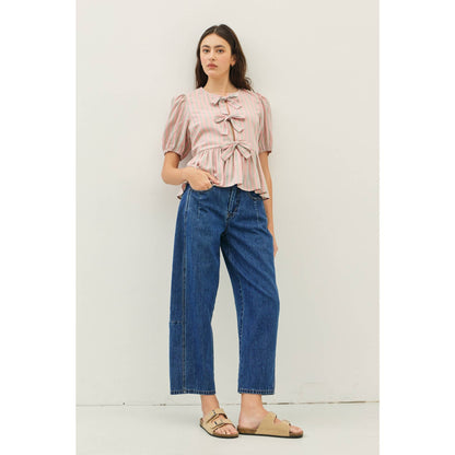 MID RISE BARREL LEG ANKLE DENIM PANTS WITH POCKETS