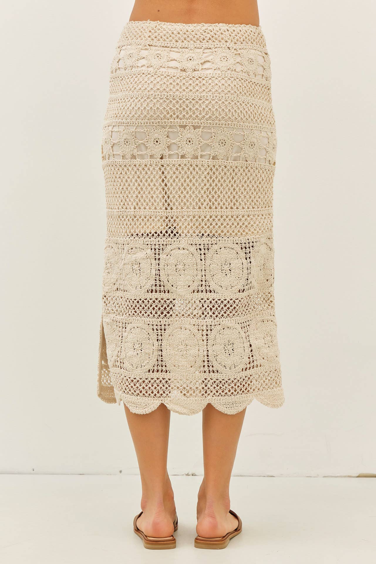 FLORAL SHEER CROCHET TOP AND SKIRT SET WITH SCALLOP HEM