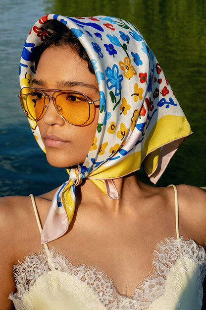 Jessie Zhao Jessie Zhao Yellow Garden Double Sided Silk Scarf