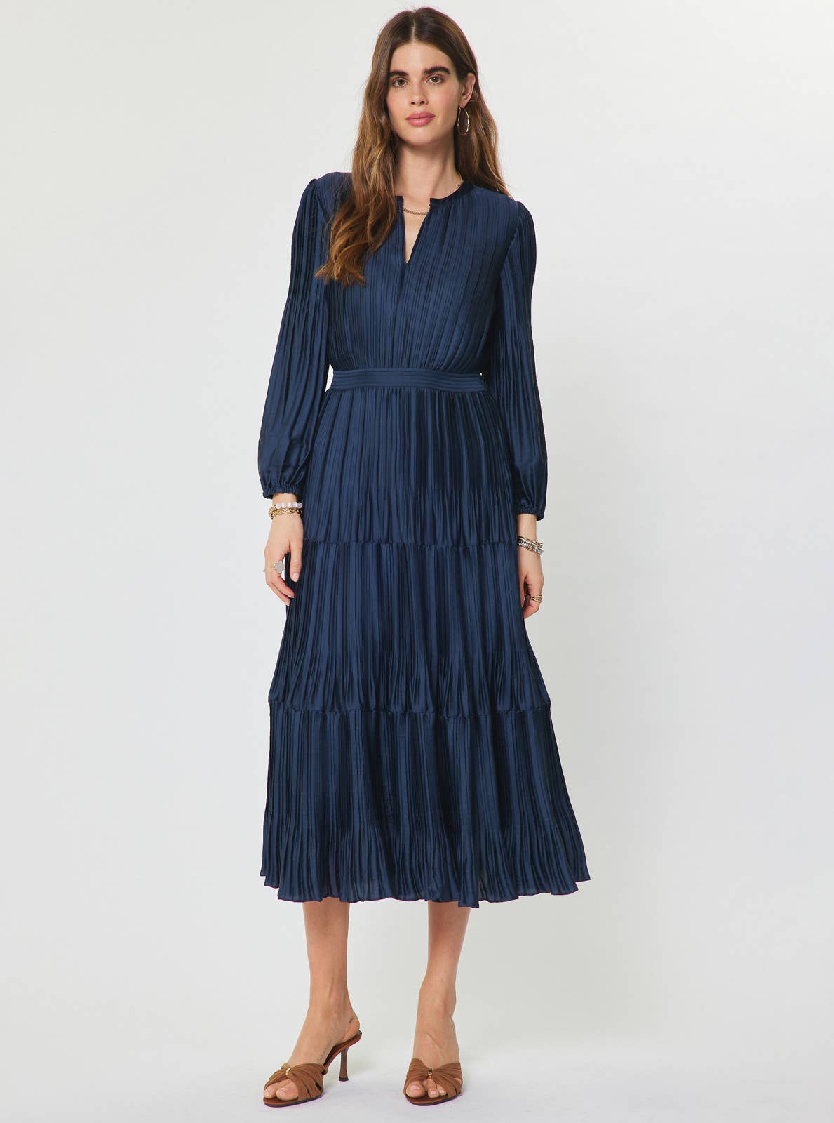 Current Air Pleated Long Sleeve Maxi Dress