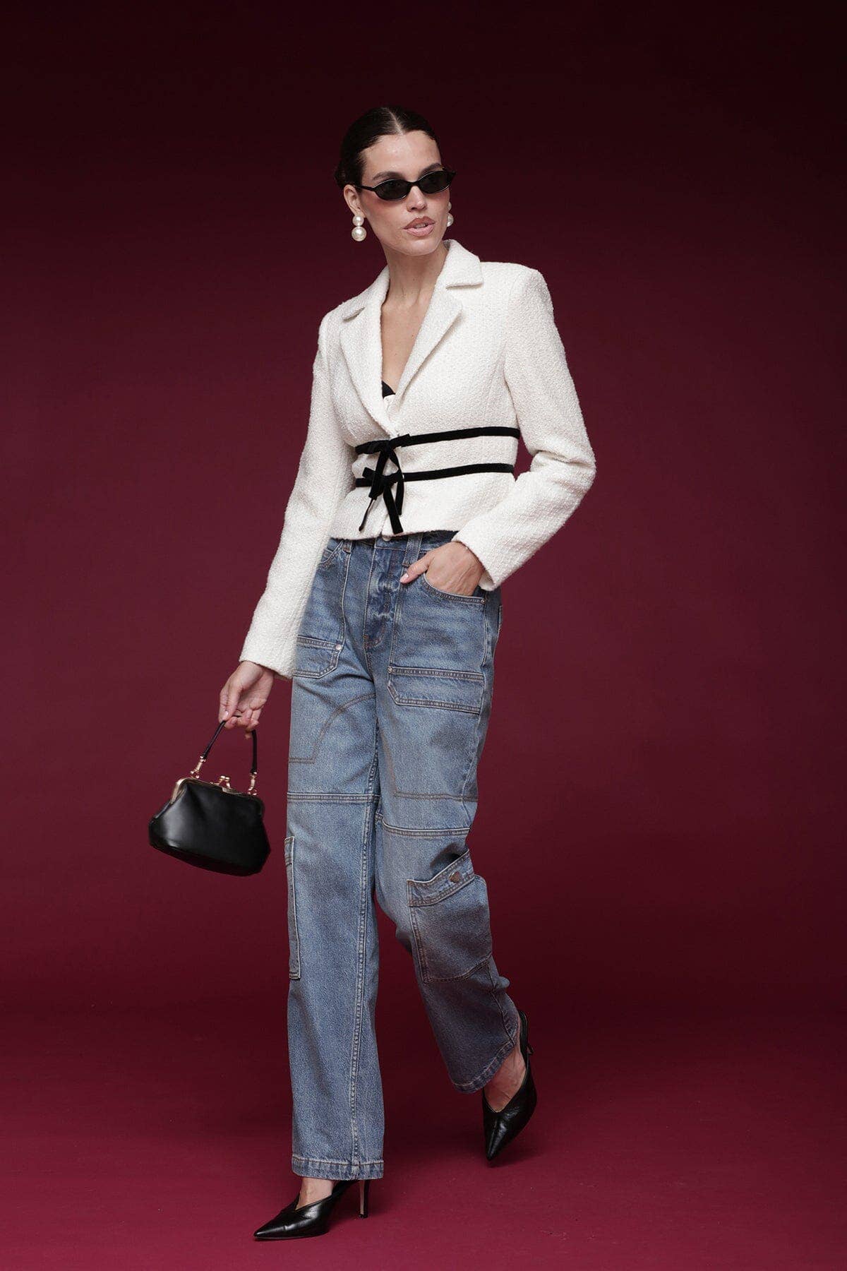 Avec les Filles Velvet Bow Trim Tweed Jacket
