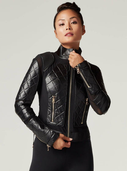 Blanc Noir Mesh Moto Jacket with Black Leather & Gold Trims - Gold Collection with Lace Up Back
