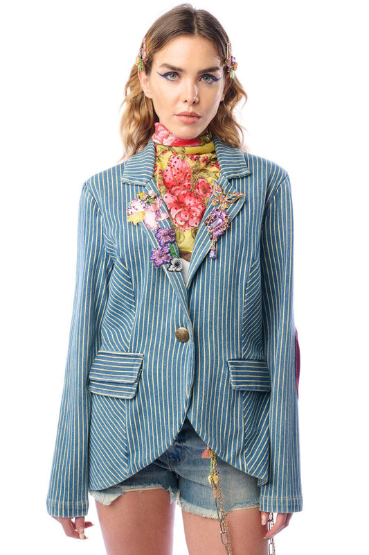 Aratta Alaia Stripe Denim Blazer with Lapel Embellishments