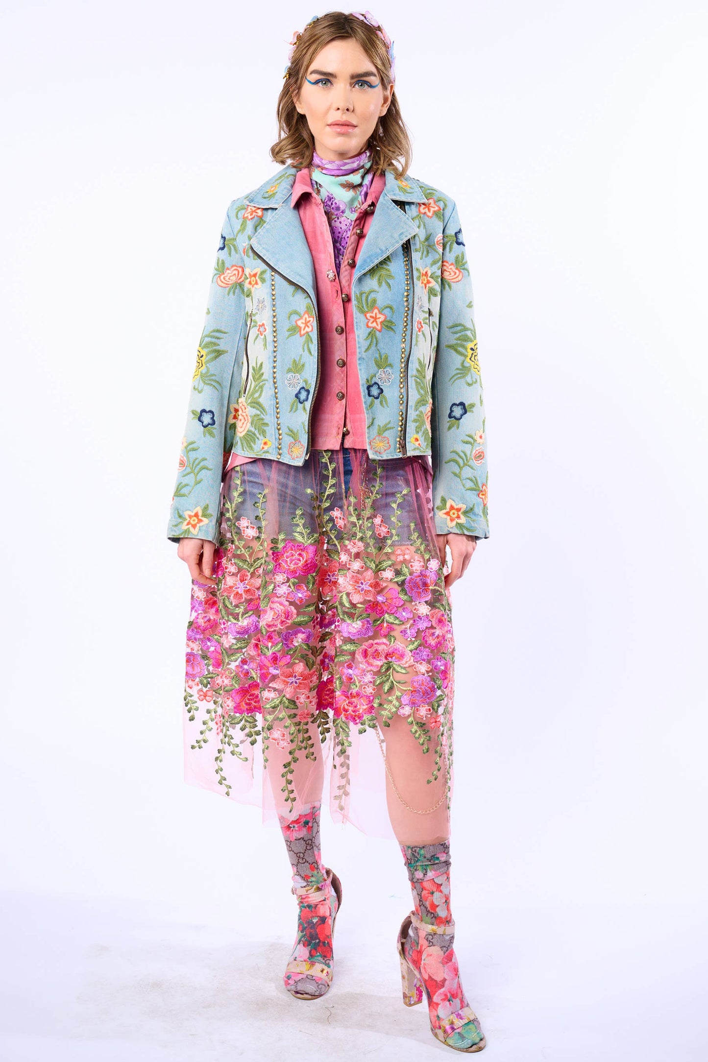Aratta Lucinda Embroidered Denim Motorcycle Jacket