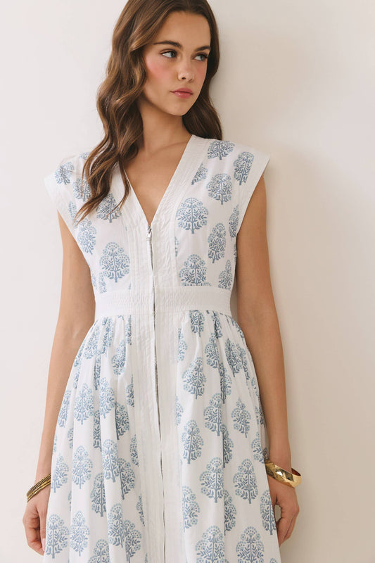 TCEC Floral Print Zipper Front Midi Dress