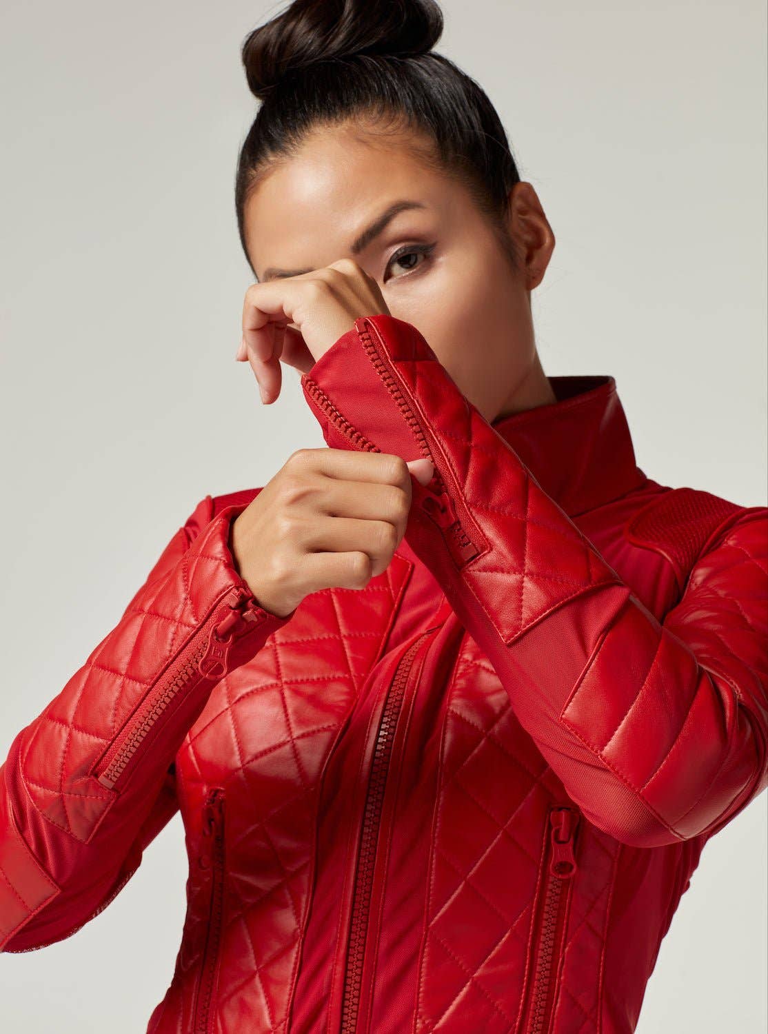 Blanc Noir Classic Red Leather Mesh Moto Jacket