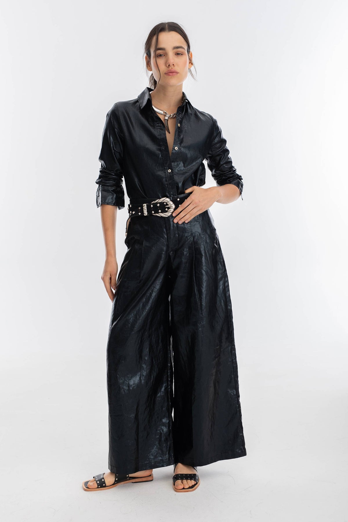 Lanhtropy Culotte Metallic Linen Pants - Black