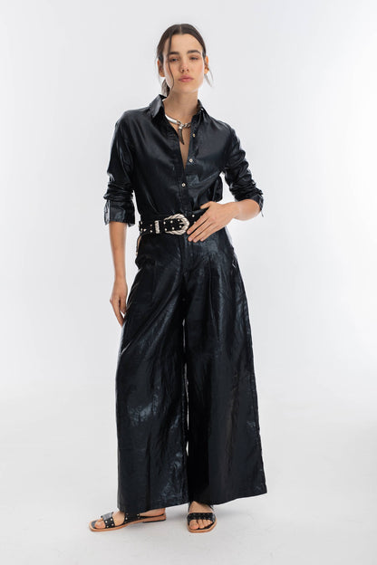 Lanhtropy Culotte Metallic Linen Pants - Black