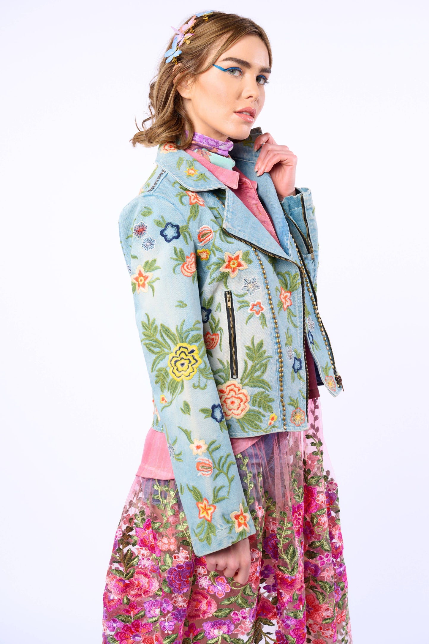 Aratta Lucinda Embroidered Denim Motorcycle Jacket