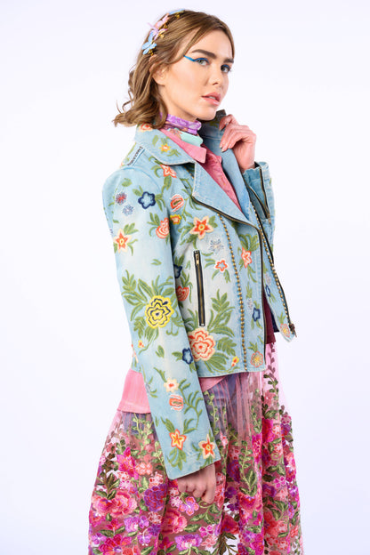 Aratta Lucinda Embroidered Denim Motorcycle Jacket