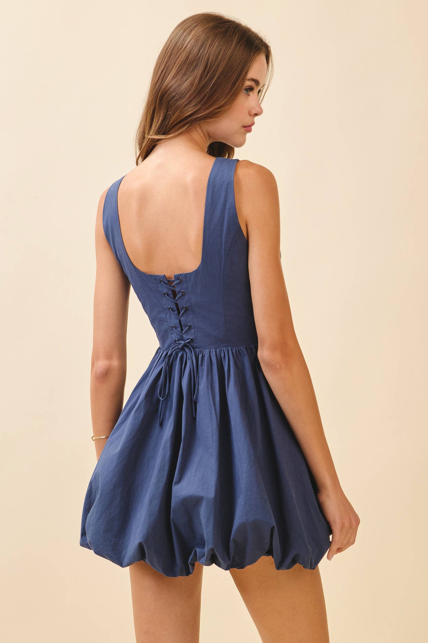 Structured Bodice Bubble Hem Lace Up Mini Dress