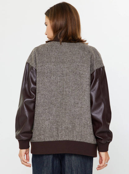 Current Air Oversized Pu Sleeve & Wool Blend Jacket