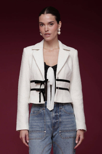 Avec les Filles Velvet Bow Trim Tweed Jacket