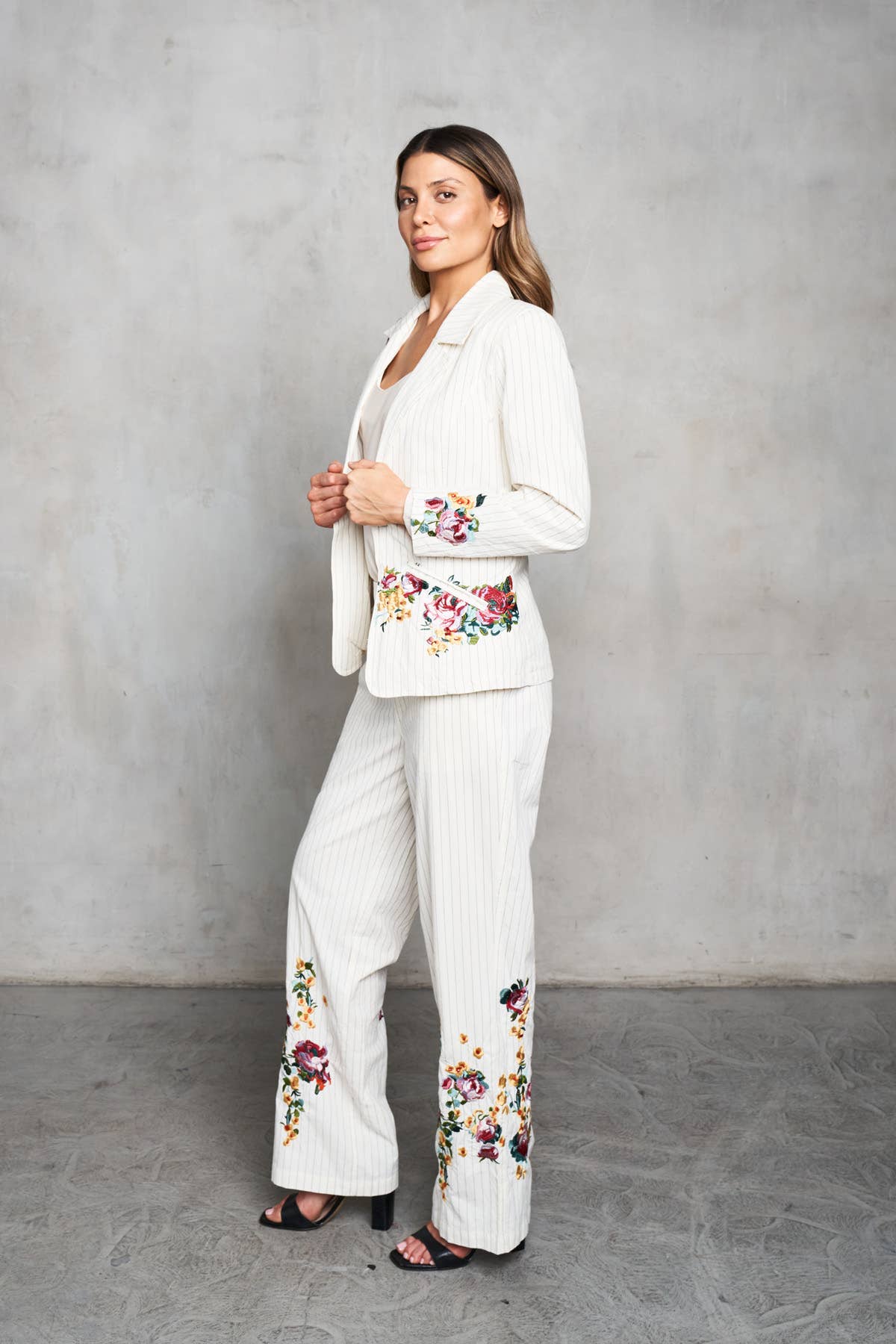Paparazzi Woven Yarn Dyed Pin Striped Embroidered Trim Pant