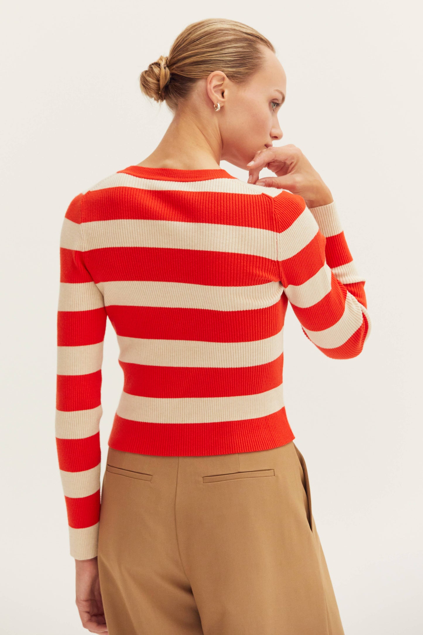 Crescent Lia Orange and Cream Striped Rib Knit Top