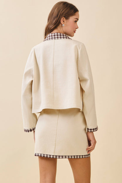 Contrast Gingham Trim Front Zipper Collared Jacket