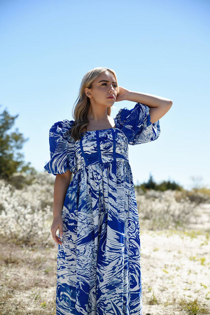 Jessie Zhao Blue Printmaking Square-Neck Cotton Midi Dress