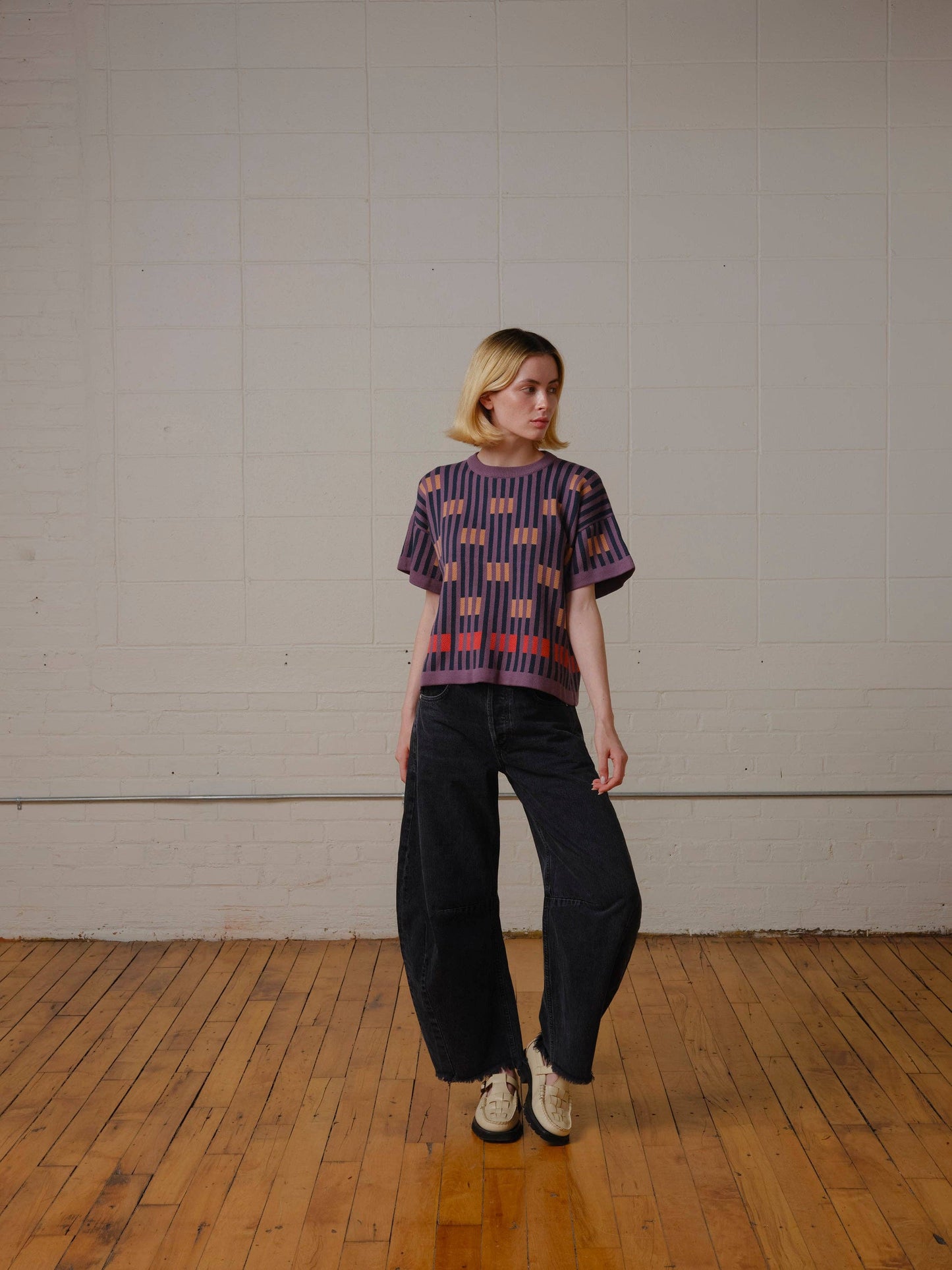 The Endery Bauhaus Short Sleeve Sweater Tee in Rhodolite