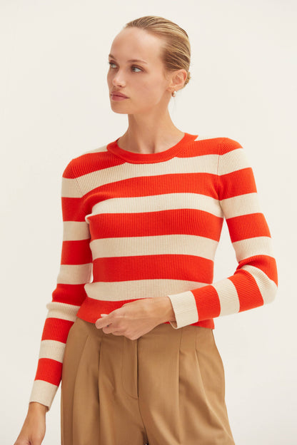 Crescent Lia Orange and Cream Striped Rib Knit Top