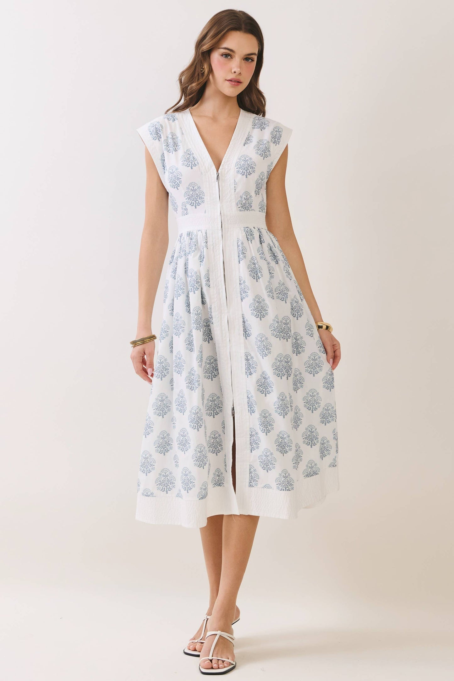 TCEC Floral Print Zipper Front Midi Dress
