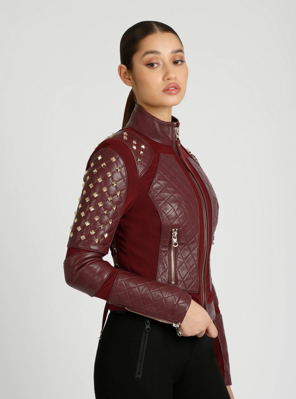 Blanc Noir Pyramid Stud Mesh Genuine Leather Moto Jacket