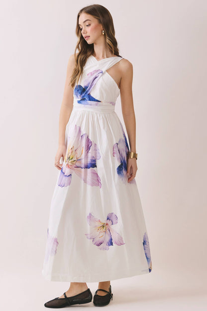 Floral Print Cross Halter Neck Midi Dress