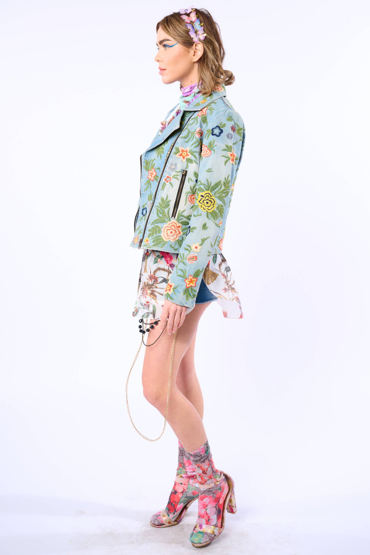 Aratta Lucinda Embroidered Denim Motorcycle Jacket