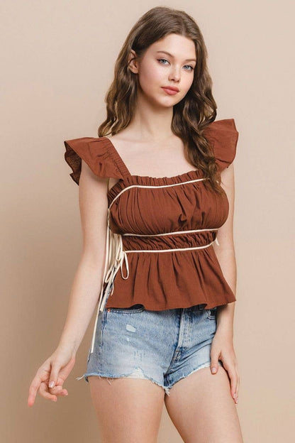 Ruched Detail Ruffled Straps Top