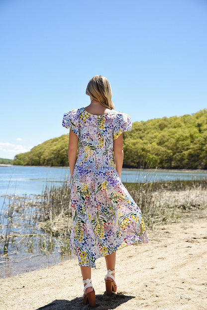 Jessie Zhao Purple Garden Scoop Neck Cotton Midi Dress