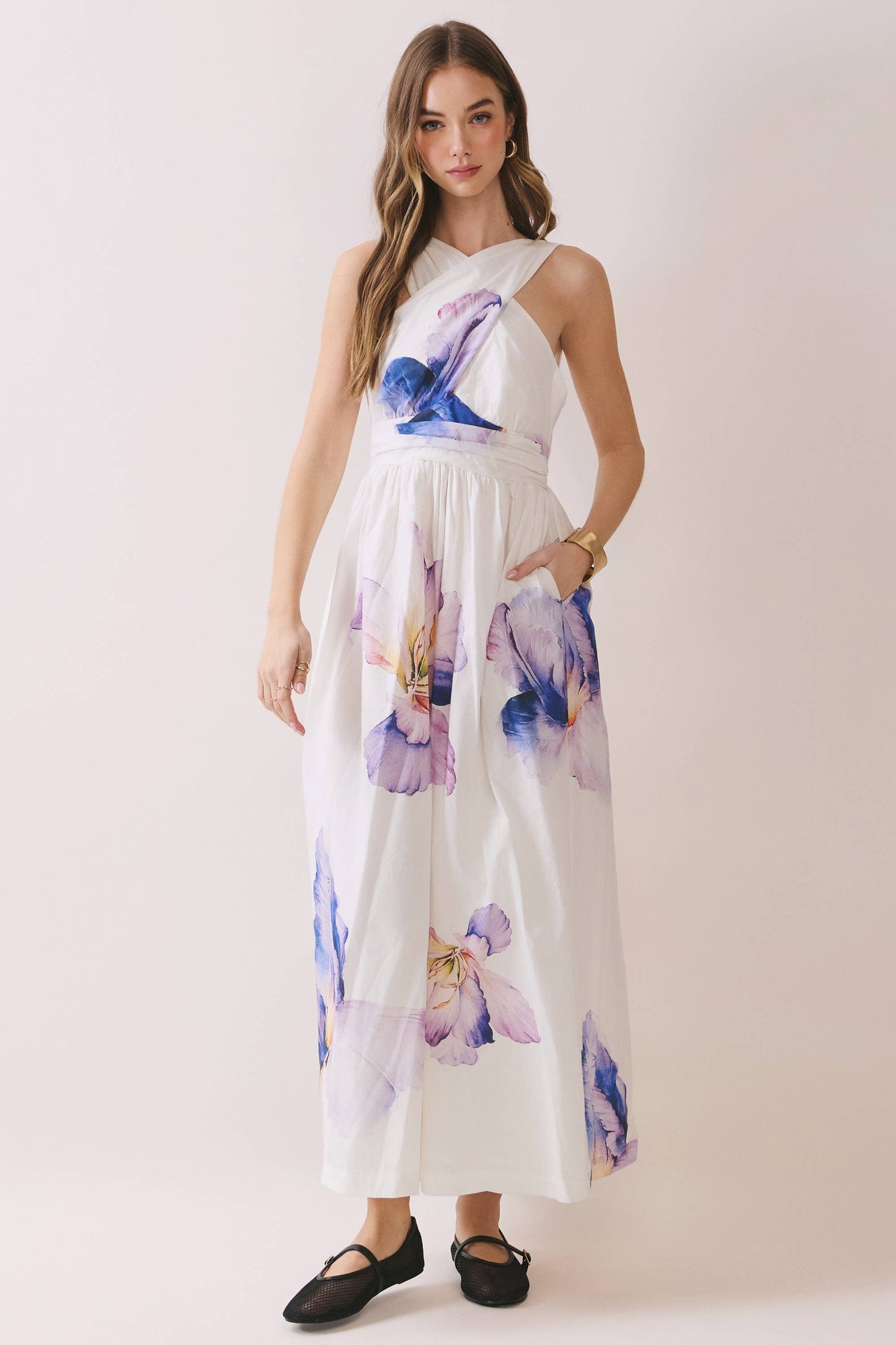 Floral Print Cross Halter Neck Midi Dress