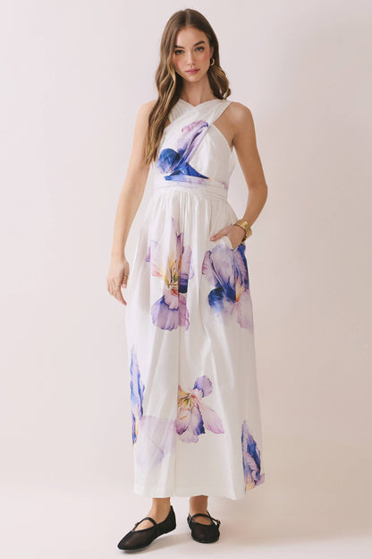 Floral Print Cross Halter Neck Midi Dress