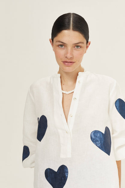 Cupid Linen Shirt - Off-white with Metallic Dark Blue Hearts