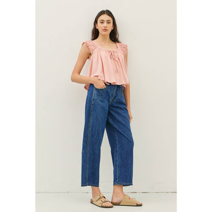 MID RISE BARREL LEG ANKLE DENIM PANTS WITH POCKETS