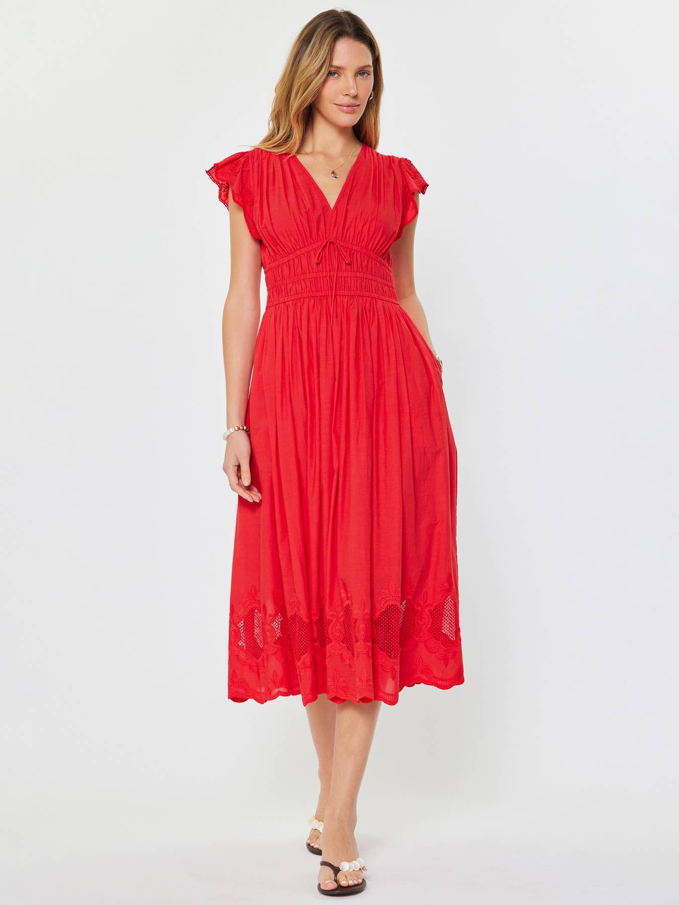 Current Air Embroidered Lace Red Midi Dress