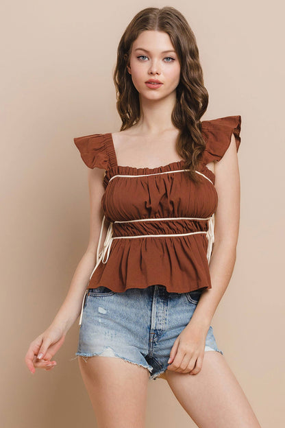 Ruched Detail Ruffled Straps Top