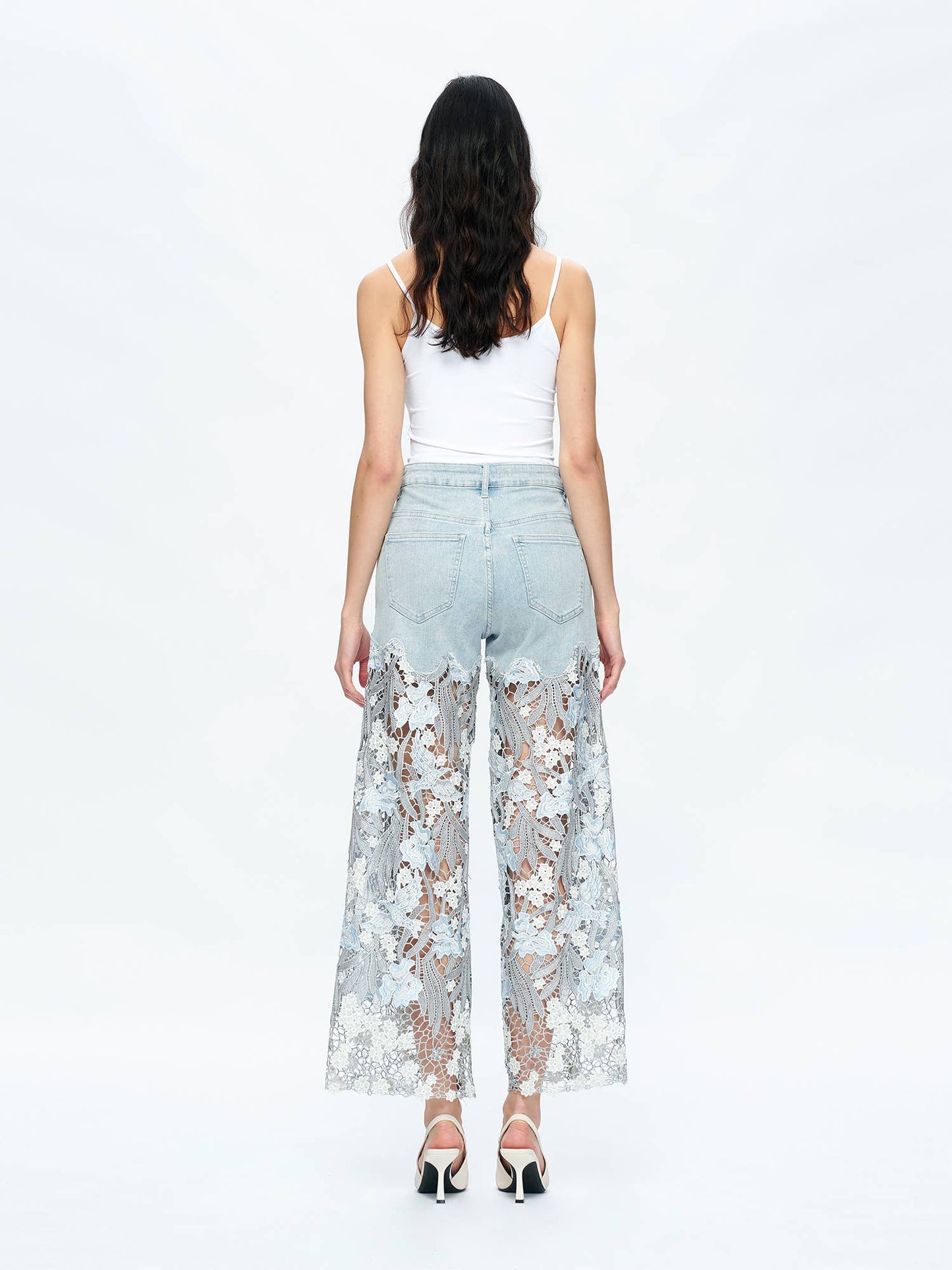 BAYEAS HIGH RISE WIDE LEG JEANS WITH LACE SPLICED