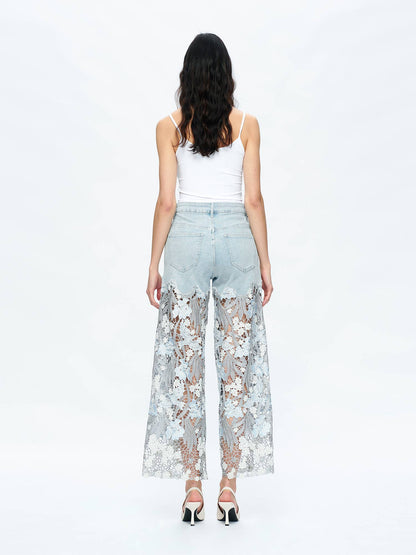 BAYEAS HIGH RISE WIDE LEG JEANS WITH LACE SPLICED