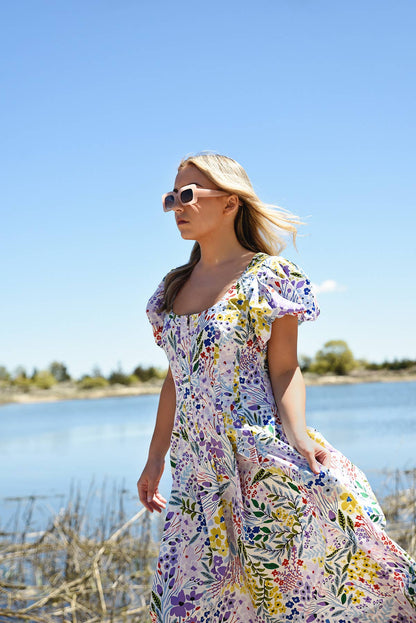 Jessie Zhao Purple Garden Scoop Neck Cotton Midi Dress