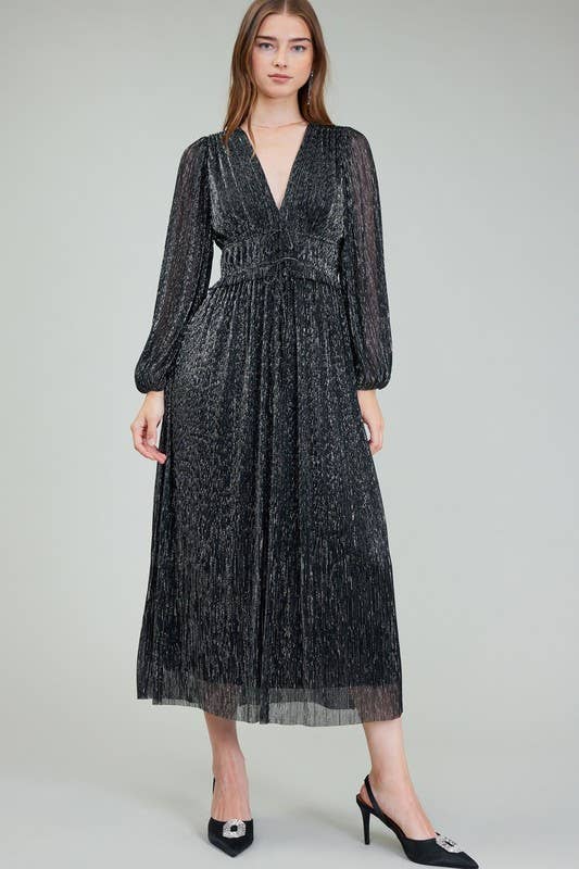 Current Air Metallic Pleated Long Dress
